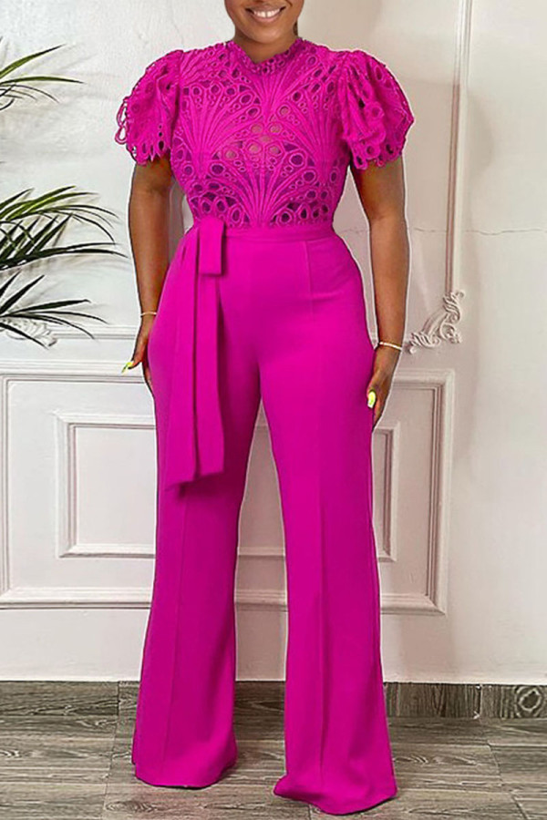 Rose Red Fashion Casual Solid Hollowed Out Patchwork O Neck Regular Jumpsuits