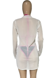 Rose Red Sexy Solid Mesh Halter Long Sleeve Three Pieces