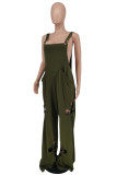 Army Green Fashion Casual Solid Hollowed Out Patchwork Square Collar Plus Size Jumpsuits