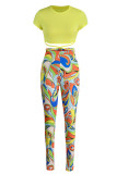 Yellow Sexy Print Bandage Patchwork O Neck Short Sleeve Two Pieces