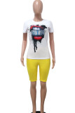 Yellow Casual Print Patchwork O Neck Short Sleeve Two Pieces