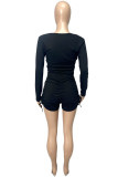 Black Fashion Casual Solid Fold O Neck Long Sleeve Two Pieces
