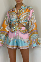 Pink Yellow Fashion Casual Print Bandage Turndown Collar Long Sleeve Two Pieces