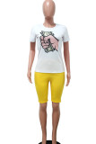 Yellow White Casual Print Patchwork O Neck Short Sleeve Two Pieces