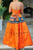Orange Sexy College Print Bandage Patchwork Strapless Plus Size Two Pieces