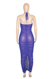 Blue Sexy Solid Hollowed Out See-through Backless Fold Spaghetti Strap Long Dress
