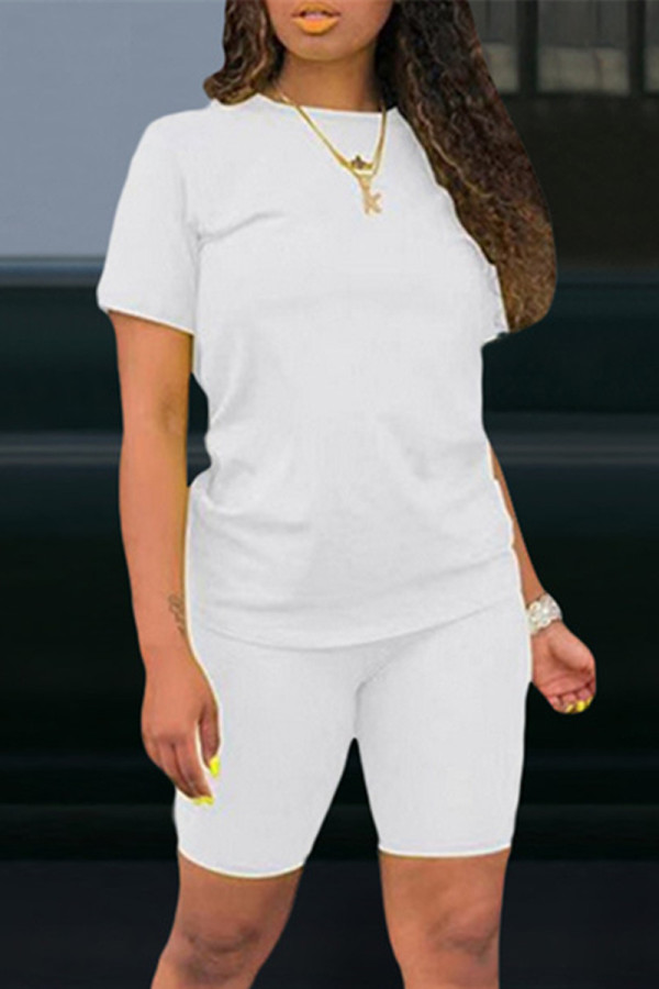 White Fashion Casual Solid Patchwork O Neck Short Sleeve Two Pieces