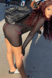 Rose Red Sexy Solid Mesh Halter Long Sleeve Three Pieces