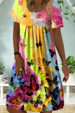 Yellow Fashion Casual Butterfly Print Patchwork O Neck Short Sleeve Dress