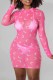 Pink Fashion Sexy Print See-through O Neck One Step Skirt Dresses