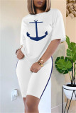 White Fashion Casual Patchwork O Neck Short Sleeve Two Pieces