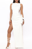White Fashion Sexy Solid Hollowed Out Slit O Neck Long Dress