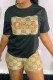 Black Fashion Casual Print Embroidered Letter O Neck Short Sleeve Two Pieces