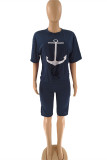 White Fashion Casual Patchwork O Neck Short Sleeve Two Pieces