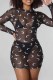 Black Fashion Sexy Print See-through O Neck One Step Skirt Dresses