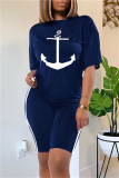 White Fashion Casual Patchwork O Neck Short Sleeve Two Pieces