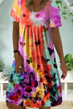 Yellow Fashion Casual Butterfly Print Patchwork O Neck Short Sleeve Dress