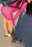 Rose Red Sexy Solid Mesh Halter Long Sleeve Three Pieces