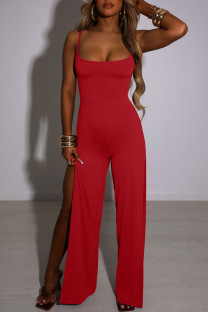 Red Sexy Solid Bandage Patchwork Backless Slit Spaghetti Strap Straight Jumpsuits