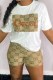 White Fashion Casual Print Embroidered Letter O Neck Short Sleeve Two Pieces