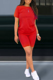 Red Fashion Casual Solid Patchwork O Neck Short Sleeve Two Pieces