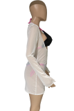 Rose Red Sexy Solid Mesh Halter Long Sleeve Three Pieces