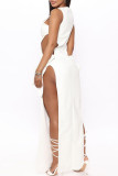 White Fashion Sexy Solid Hollowed Out Slit O Neck Long Dress