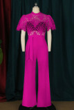 Rose Red Fashion Casual Solid Hollowed Out Patchwork O Neck Regular Jumpsuits