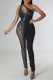 Black Fashion Sexy Patchwork Hot Drilling Hollowed Out Backless One Shoulder Skinny Jumpsuits