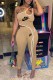 Khaki Fashion Sexy Print Patchwork One Shoulder Sleeveless Two Pieces
