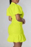 Yellow Casual Sweet Solid Patchwork Buckle Flounce V Neck Straight Dresses