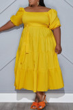 Yellow Casual Solid Patchwork Fold U Neck A Line Plus Size Dresses
