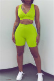 Fluorescent Green Fashion Casual Sportswear Solid Patchwork V Neck Sleeveless Two Pieces