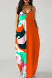 Orange Fashion Sexy Casual Print Backless Spaghetti Strap Long Dress