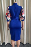 Blue Fashion Casual Print Patchwork Slit With Belt Half A Turtleneck Pencil Skirt Dresses