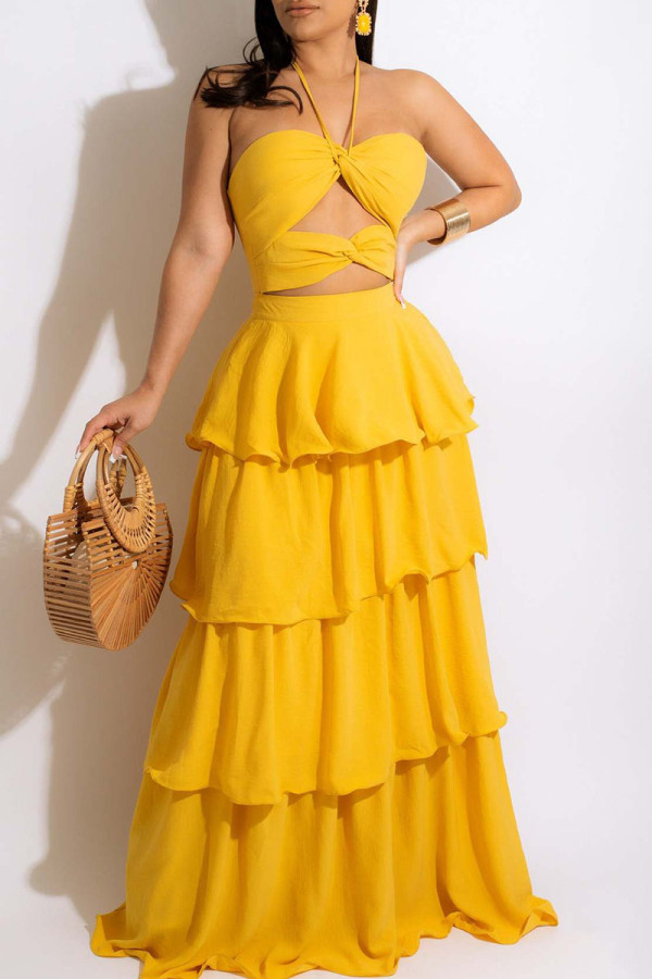 Yellow Sexy Elegant Solid Bandage Hollowed Out Patchwork Cake Skirt Dresses