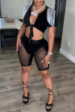 Black Fashion Sexy Solid Tassel Bandage Patchwork V Neck Short Sleeve Two Pieces