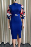 Blue Fashion Casual Print Patchwork Slit With Belt Half A Turtleneck Pencil Skirt Dresses