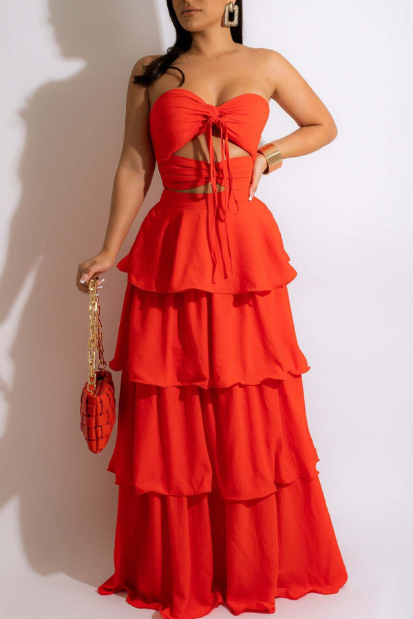 Tangerine Red Sexy Elegant Solid Bandage Hollowed Out Patchwork Cake Skirt Dresses