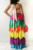 Multicolor Sexy Solid Patchwork Backless Fold Halter Cake Skirt Dresses