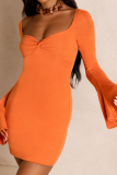 Tangerine Red Sexy Solid Patchwork V Neck Pencil Skirt Dresses