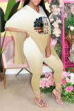 Pink Casual Print Patchwork Slit V Neck Half Sleeve Two Pieces