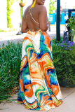 Colour Sexy Print Patchwork Halter Waist Skirt Dresses