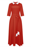 Red Fashion Casual Solid Patchwork Turndown Collar Long Sleeve Dresses