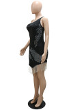 Black Fashion Sexy Patchwork Hot Drilling Tassel Oblique Collar Irregular Dress