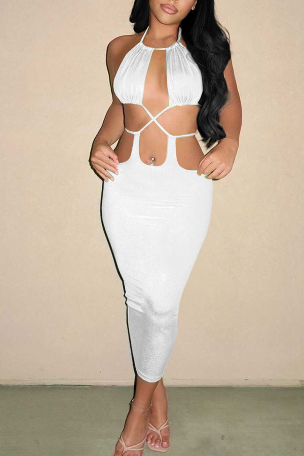 White Sexy Solid Hollowed Out Patchwork Backless Halter Pencil Skirt Dresses