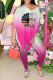 Pink Casual Print Patchwork Slit V Neck Half Sleeve Two Pieces