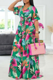 Yellow Fashion Casual Print Patchwork V Neck Short Sleeve Dress