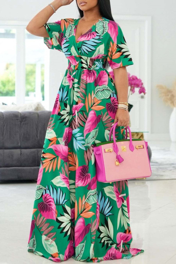 Green Fashion Casual Print Patchwork V Neck Short Sleeve Dress
