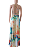 Colour Sexy Print Patchwork Halter Waist Skirt Dresses